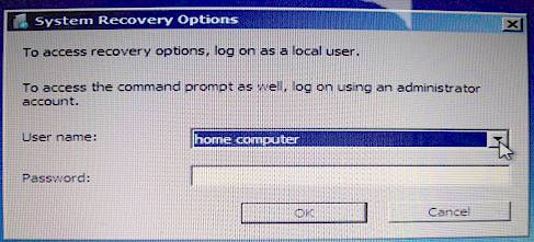 Recovery Options Username and Password