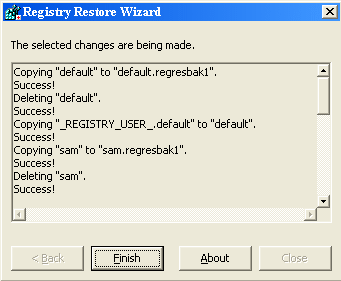 Registry Restore changes window.